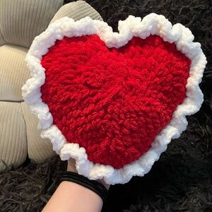Crochet Heart-Shaped Red and White Plush Pillow